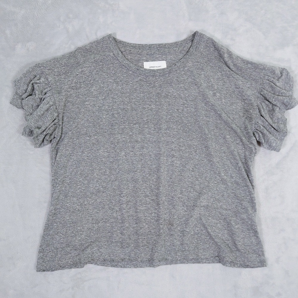 Current/Elliott Ruffle Sleeve Roadie Tee Heather Grey Boxy Oversized USA 0 S